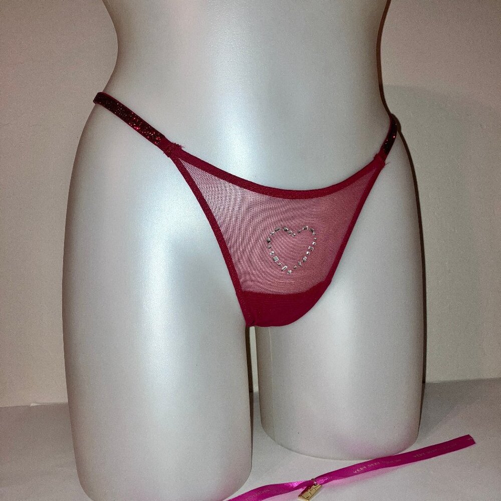 VS Shine Strap Red Rhinestone Heart Mesh Thong Panty XS